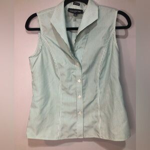 Jones New York Non Iron White Green Stripe Button Up Sleeveless Tank Top Blouse